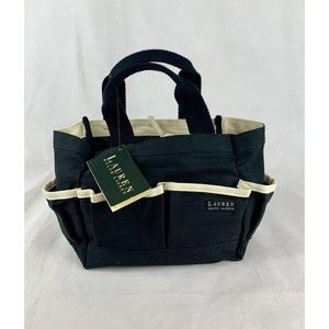 Rare Lauren Ralph Lauren Canvas Garden Utility Tote Bag Black White Pockets